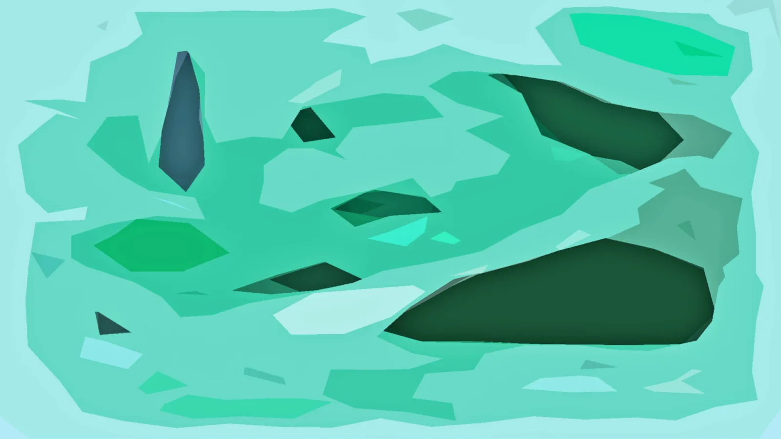 Abstrakte Komposition aus grünen, türkisfarbenen und dunkelblauen Polygonen auf hellem Grund