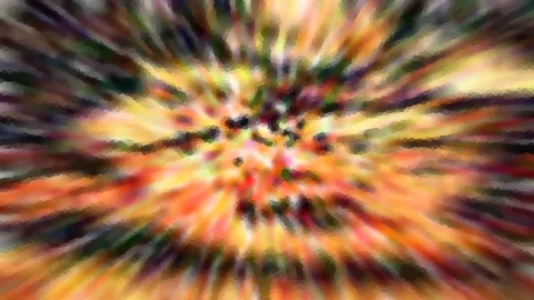 Abstrakte Komposition aus radial verlaufenden, bunten Farbstreifen in Orange, Gelb, Grün und Violett mit mosaikartiger Struktur.