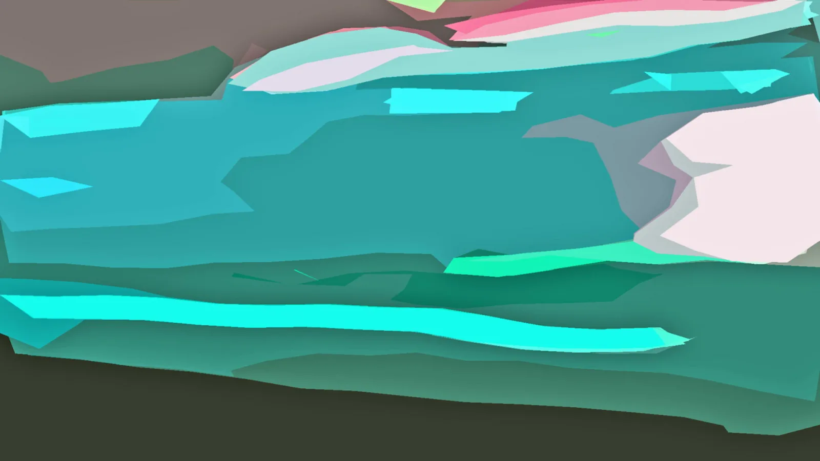 Abstrakte Komposition aus türkisfarbenen, cyanfarbenen und pinkfarbenen Flächen mit dunkelgrünen Rändern.