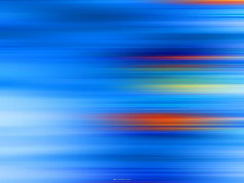 Abstrakte horizontale Streifen in verschiedenen Blautönen, durchzogen von orangefarbenen und gelblichen Lichtbahnen, die nach rechts verwischen.
