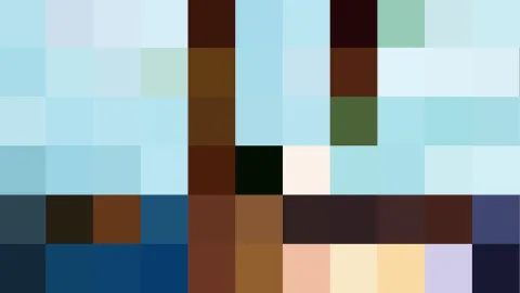 Raster aus farbigen Quadraten: oben helles Blau und Türkis, unten dunkle Braun- und Blautöne, dazwischen einzelne Felder in Pfirsich, Creme und Lavendel.