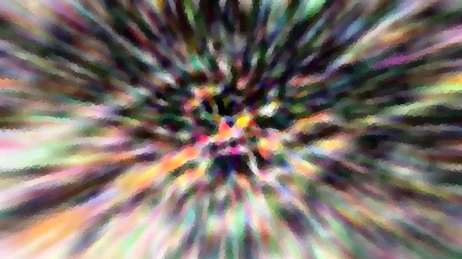 Abstrakte Komposition aus bunten, pixelig verwischten Farbstreifen, die von einem dunklen Zentrum radial nach außen laufen.