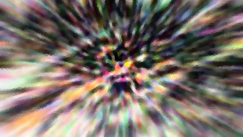 Abstrakte Komposition aus bunten, pixelig verwischten Farbstreifen, die von einem dunklen Zentrum radial nach außen laufen.