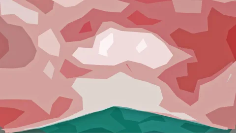 Abstrakte Komposition aus rosa, roten und weißen Flächen mit einem petrolgrünen Hügel am unteren Rand.