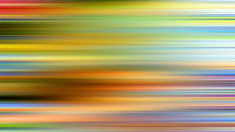 Abstraktes Bild aus horizontalen, verwischten Farbstreifen in Gelb, Grün, Orange, Blau und Rot, dicht übereinander gestapelt.