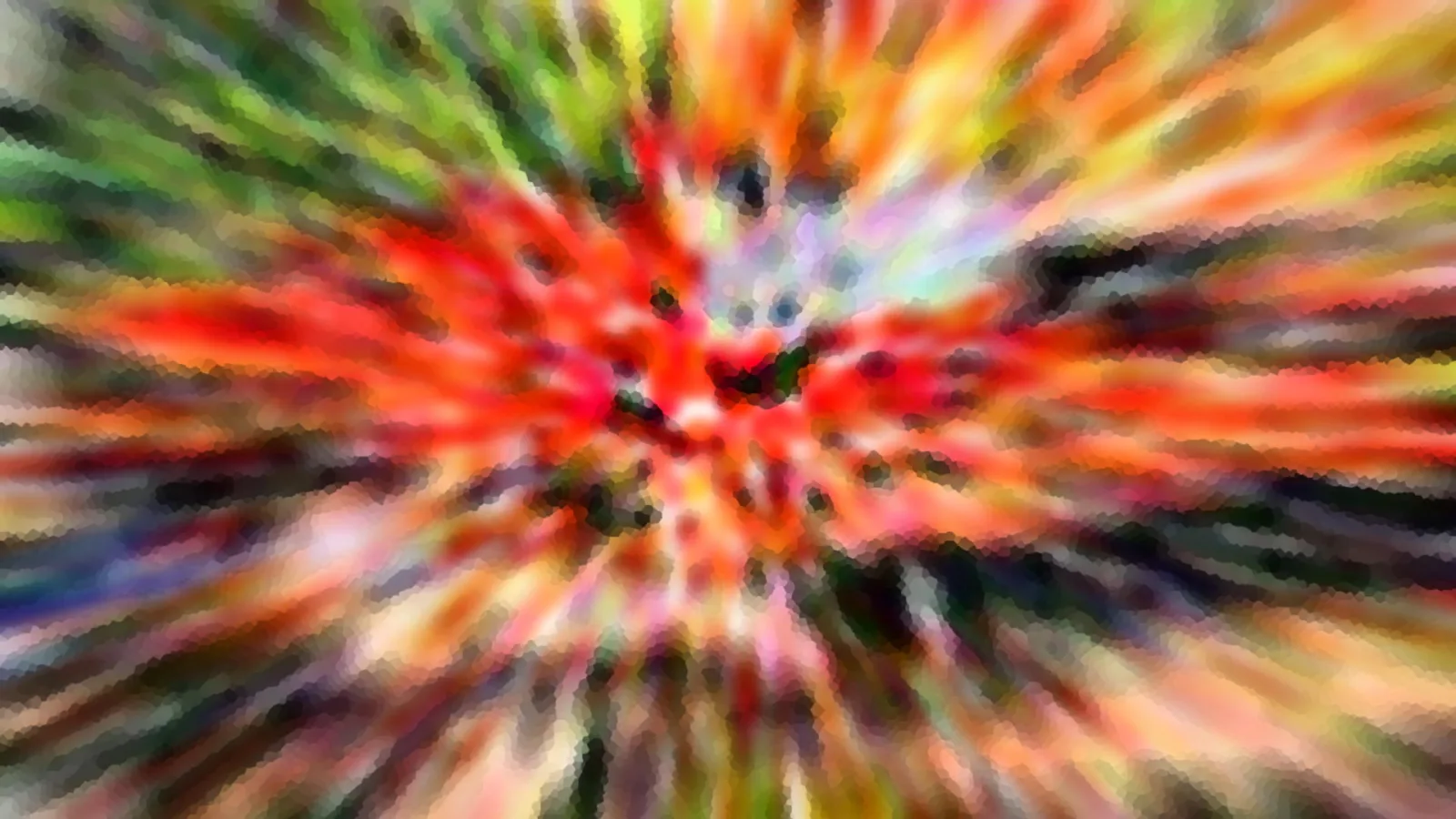 Abstrakte Komposition aus radial verlaufenden Farbstrahlen in Rot, Orange, Grün und Gelb, mit einem roten Zentrum und pixeligem Mosaikmuster.