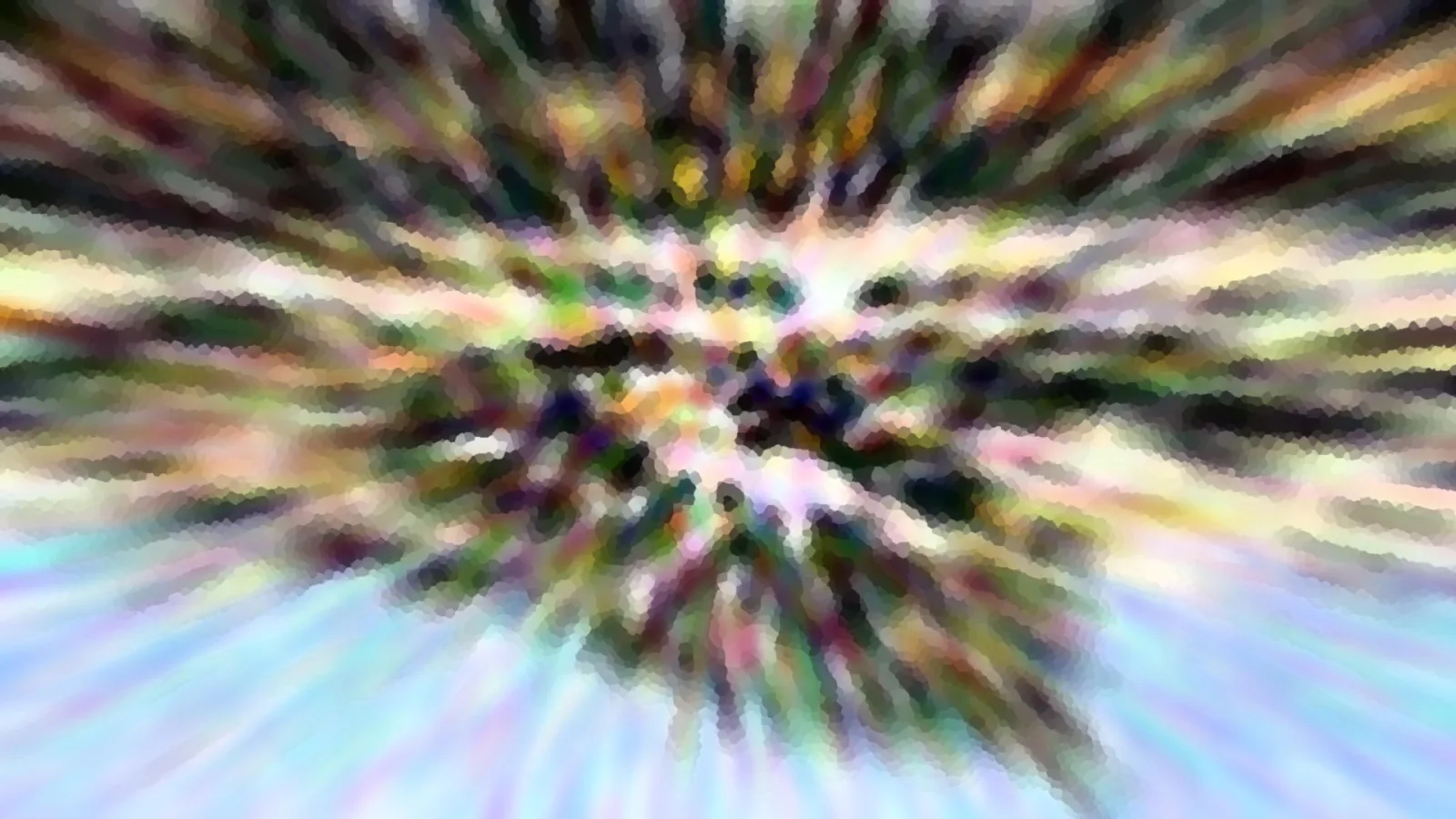 Abstrakte Komposition aus radial nach außen laufenden bunten Schlieren in Grün, Gelb und Rosa mit pixeligem Mosaikmuster, unten eine helle hellblaue Fläche.