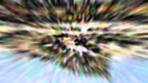 Abstrakte Komposition aus radial nach außen laufenden bunten Schlieren in Grün, Gelb und Rosa mit pixeligem Mosaikmuster, unten eine helle hellblaue Fläche.