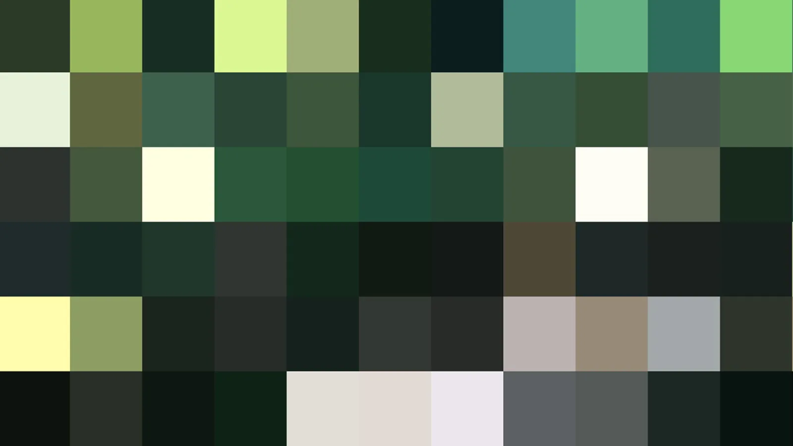 Mosaik aus quadratischen Pixelblöcken in Dunkelgrün, Olivgrün, Grau und Anthrazit, dazwischen vereinzelte helle Felder in Hellgrün, Cremeweiß und Grau.