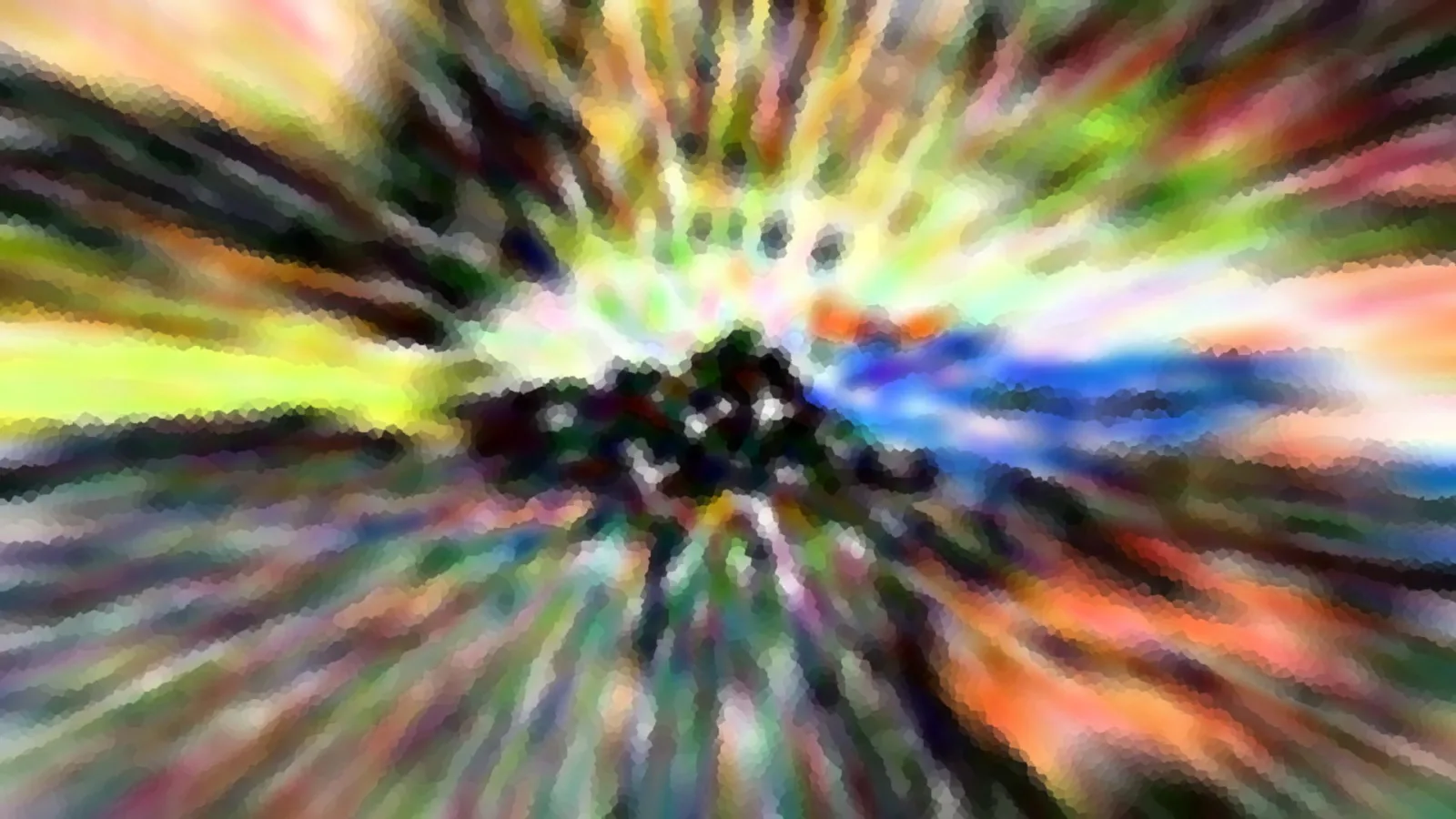Abstrakte Komposition aus bunten Farbstrahlen, die von einem dunklen Zentrum nach außen laufen, grün, gelb, blau und orange, mit mosaikartiger Körnung.