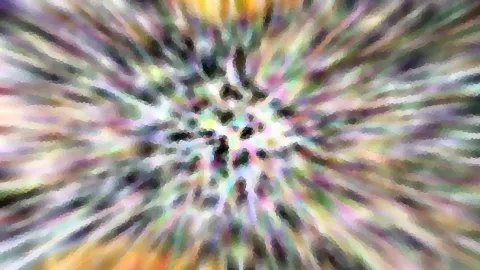 Abstrakte Komposition aus bunten, pixeligen Farbflecken, die sich von einem dunkleren Zentrum radial nach außen ausbreiten, mit Streifen in Lila, Grün, Gelb und Orange.