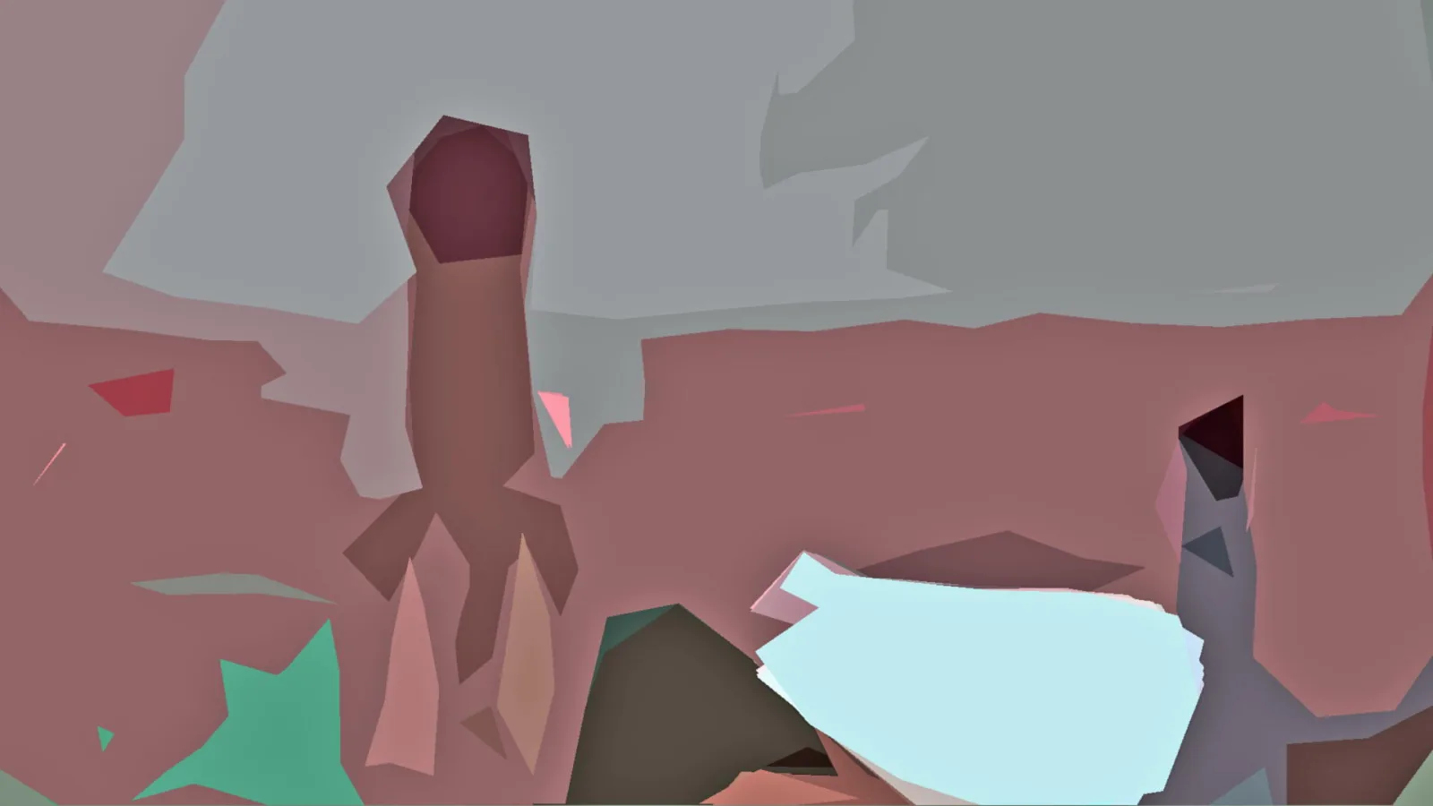 Abstrakte Komposition aus kantigen Polygonen in Rosa, Grau und Mintgrün, mit einer zentralen, länglichen Form links der Mitte und einem hellblauen Keil im unteren Bereich.
