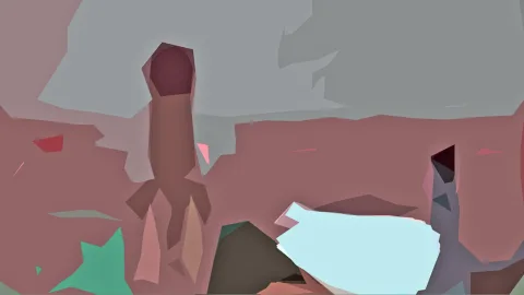 Abstrakte Komposition aus kantigen Polygonen in Rosa, Grau und Mintgrün, mit einer zentralen, länglichen Form links der Mitte und einem hellblauen Keil im unteren Bereich.