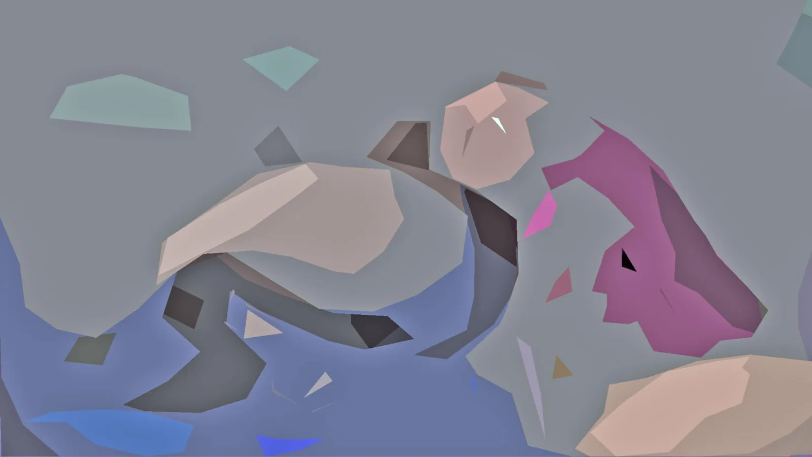 Abstrakte Komposition aus flachen, kantigen Formen in Beige, Blau und Magenta vor grauem Hintergrund.