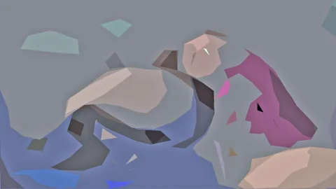 Abstrakte Komposition aus flachen, kantigen Formen in Beige, Blau und Magenta vor grauem Hintergrund.