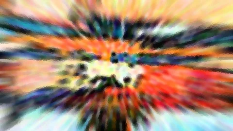 Abstraktes Bild mit strahlenförmig von einer hellen Mitte ausgehenden Streifen in Orange, Rot, Blau, Gelb und Schwarz, die verschwommen und pixelig wirken.
