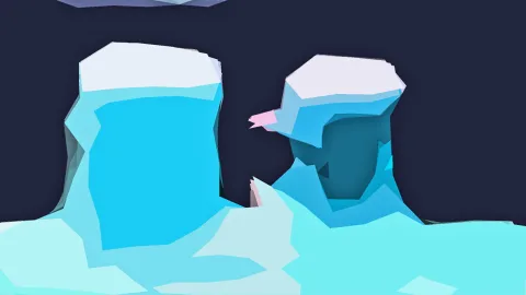 Digitale Low-Poly-Illustration vor dunkelblauem Hintergrund: zwei blaue Eissäulen mit weißen Schneekappen, rechts eine Figur mit rosa Schnabel, unten hellblaue Eisflächen.