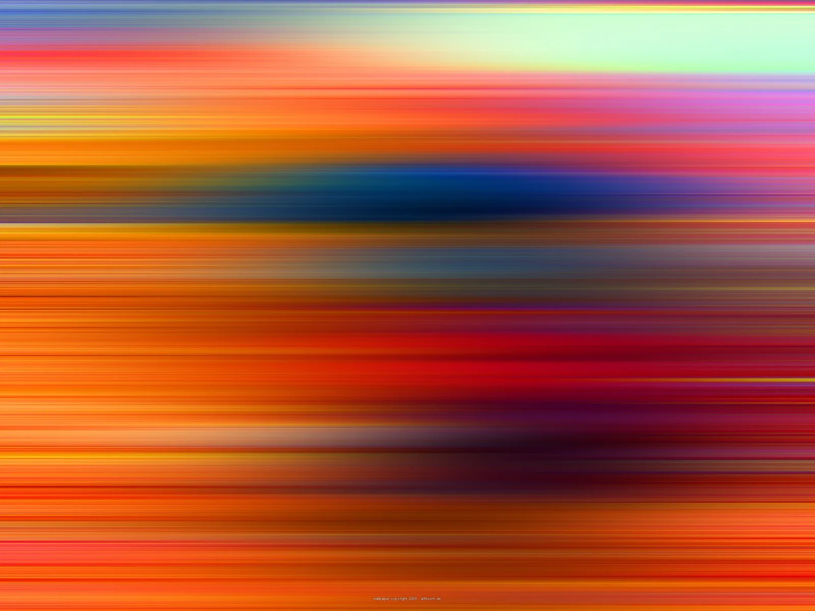 Abstrakte Komposition aus horizontalen, verwischten Streifen in Orange, Rot, Pink, Blau und einem hellen Mintgrün oben rechts.