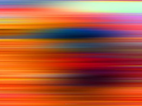 Abstrakte Komposition aus horizontalen, verwischten Streifen in Orange, Rot, Pink, Blau und einem hellen Mintgrün oben rechts.