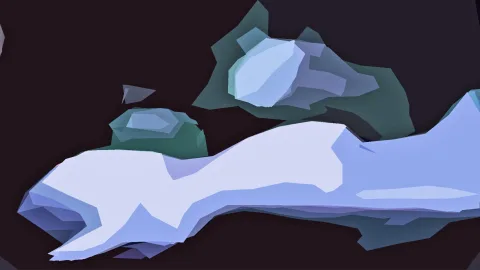 Abstrakte 3D-Formen in Hellblau, Lavendel und Petrol, die aus einem fast schwarzen Hintergrund ragen. Eine lange, helle Form zieht sich quer durchs Bild.