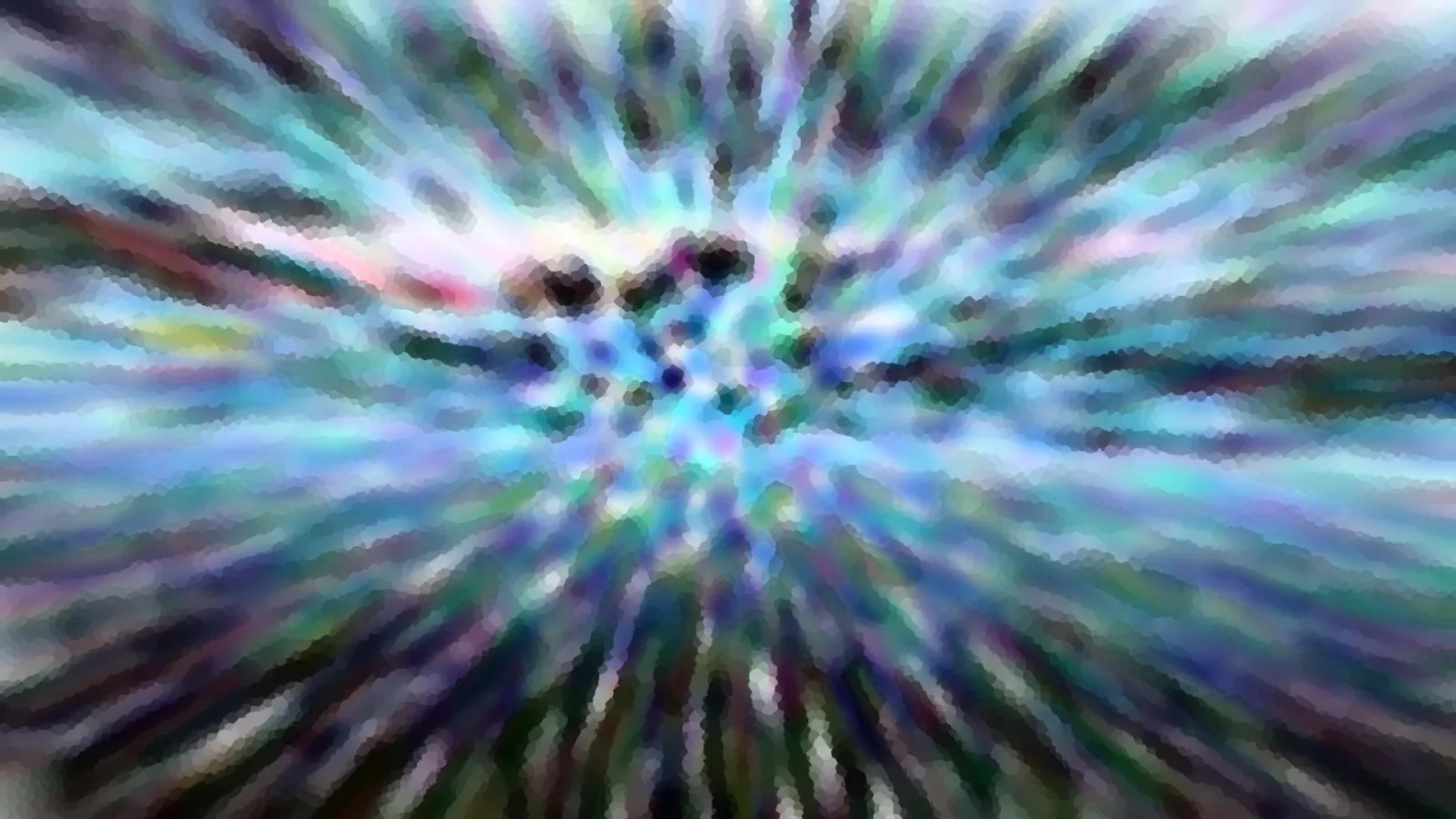 Abstrakte, stark verwischte Komposition aus Strahlen in Blau, Türkis, Lila und Grün, die von einem zentralen Punkt nach außen laufen, mit dunklen Flecken nahe der Mitte.