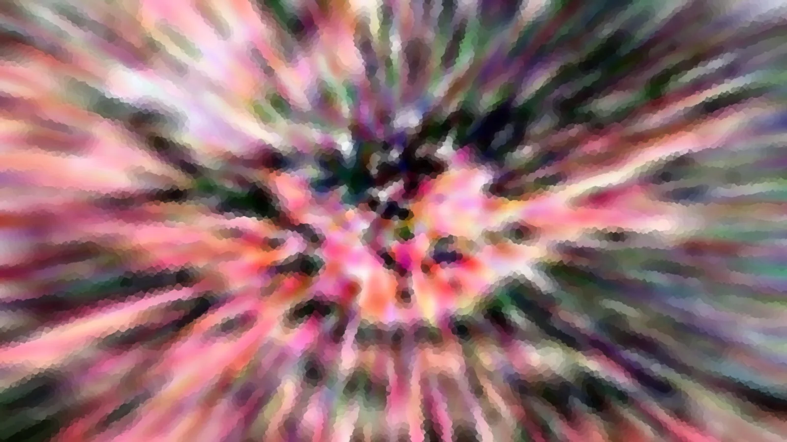 Abstraktes Bild mit Farbstrahlen in Rosa, Grün, Weiß und Dunkelgrau, die von einem Zentrum in der Bildmitte nach außen laufen, mosaikartig gepixelt.