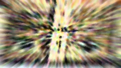 Abstrakte Komposition aus bunten, radial angeordneten Farbstreifen mit dunklen Schlieren um einen hellen Mittelpunkt.