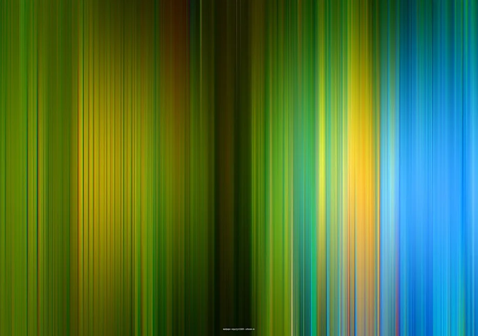 Abstrakte Komposition aus dicht nebeneinander stehenden, vertikalen Streifen in Grün, Gelb, Orange und Blau, die von unscharfen Verläufen durchzogen sind.
