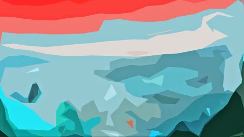 Abstrakte Landschaft aus flächigen Dreiecken: rote Zone oben, helle Schlieren, türkisfarbene Formen und dunkelgrüne Ränder unten.