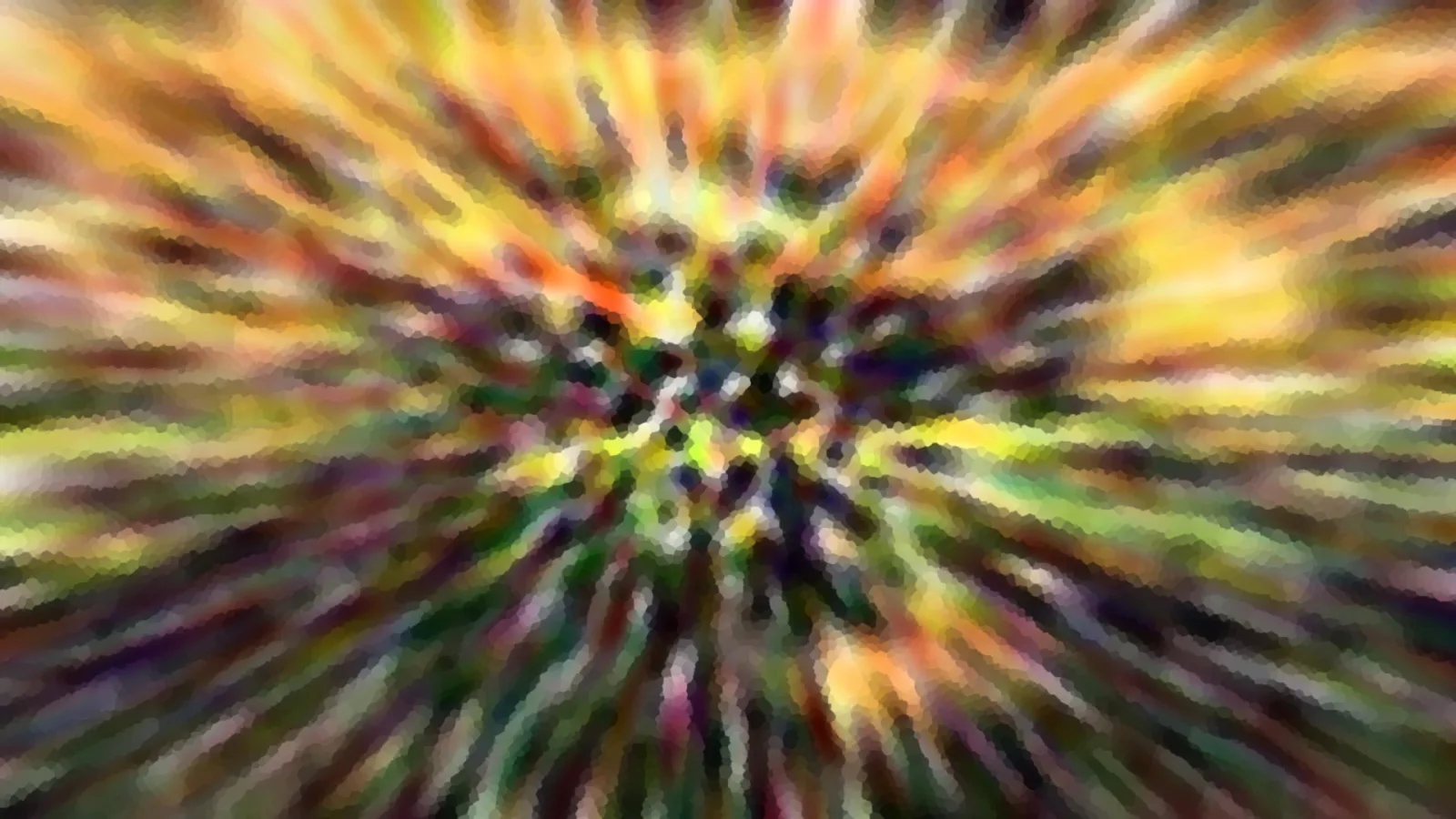 Abstrakte Komposition aus gelben, orangefarbenen, grünen und violetten Streifen, die von einem dunkleren Zentrum radial nach außen verlaufen, mit grobem Mosaikraster.