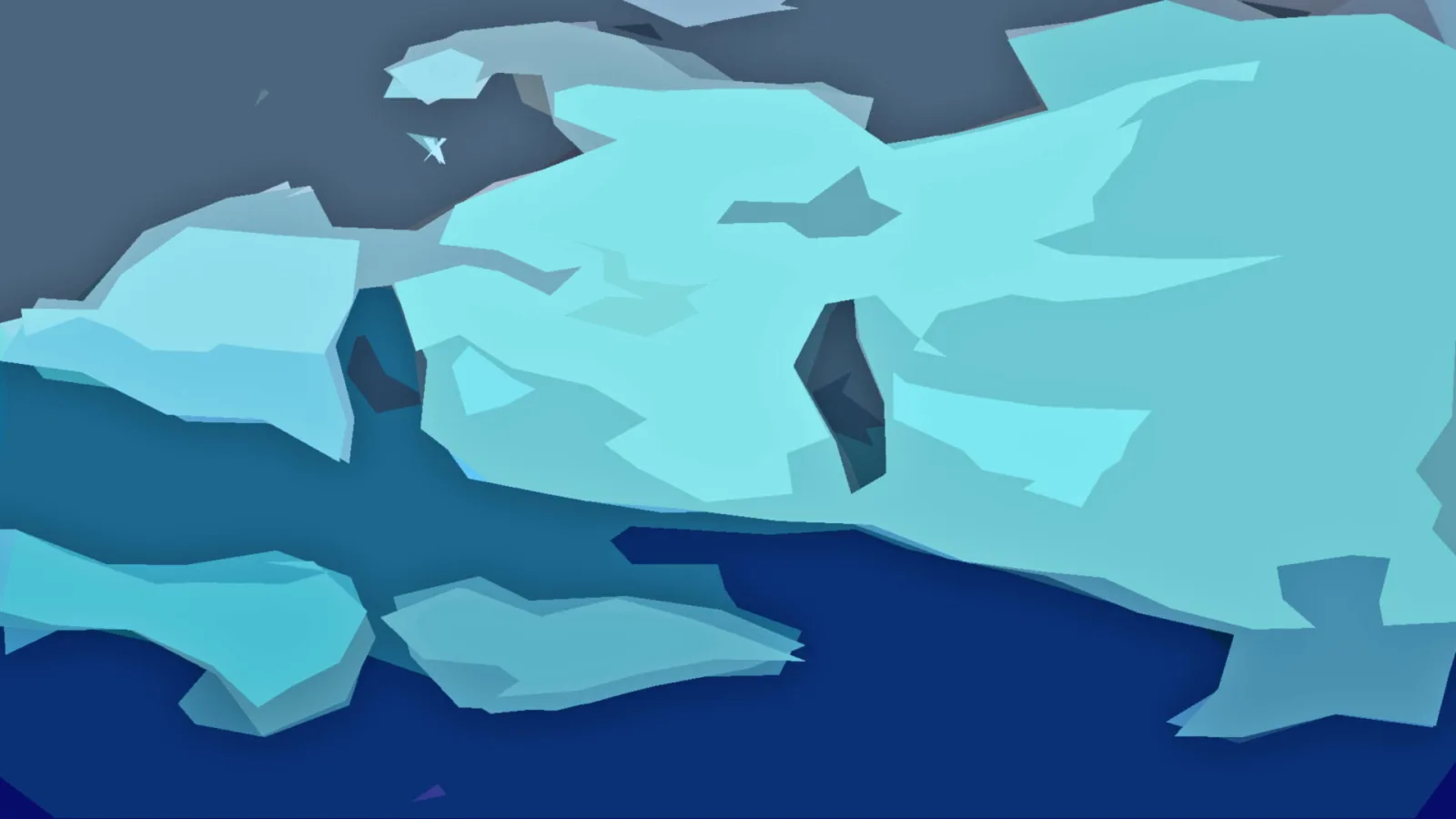 Abstrakte Komposition aus kantigen, türkisfarbenen und hellblauen Flächen, die an Eisschollen auf dunkelblauem Wasser erinnern, oben graue Flächen.