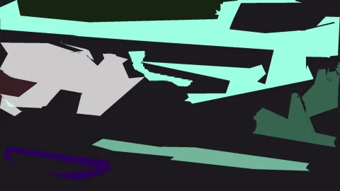 Abstrakte Komposition aus flachen, unregelmäßigen Formen in Mintgrün, Hellgrau, Dunkelgrün und Violett auf fast schwarzem Grund.