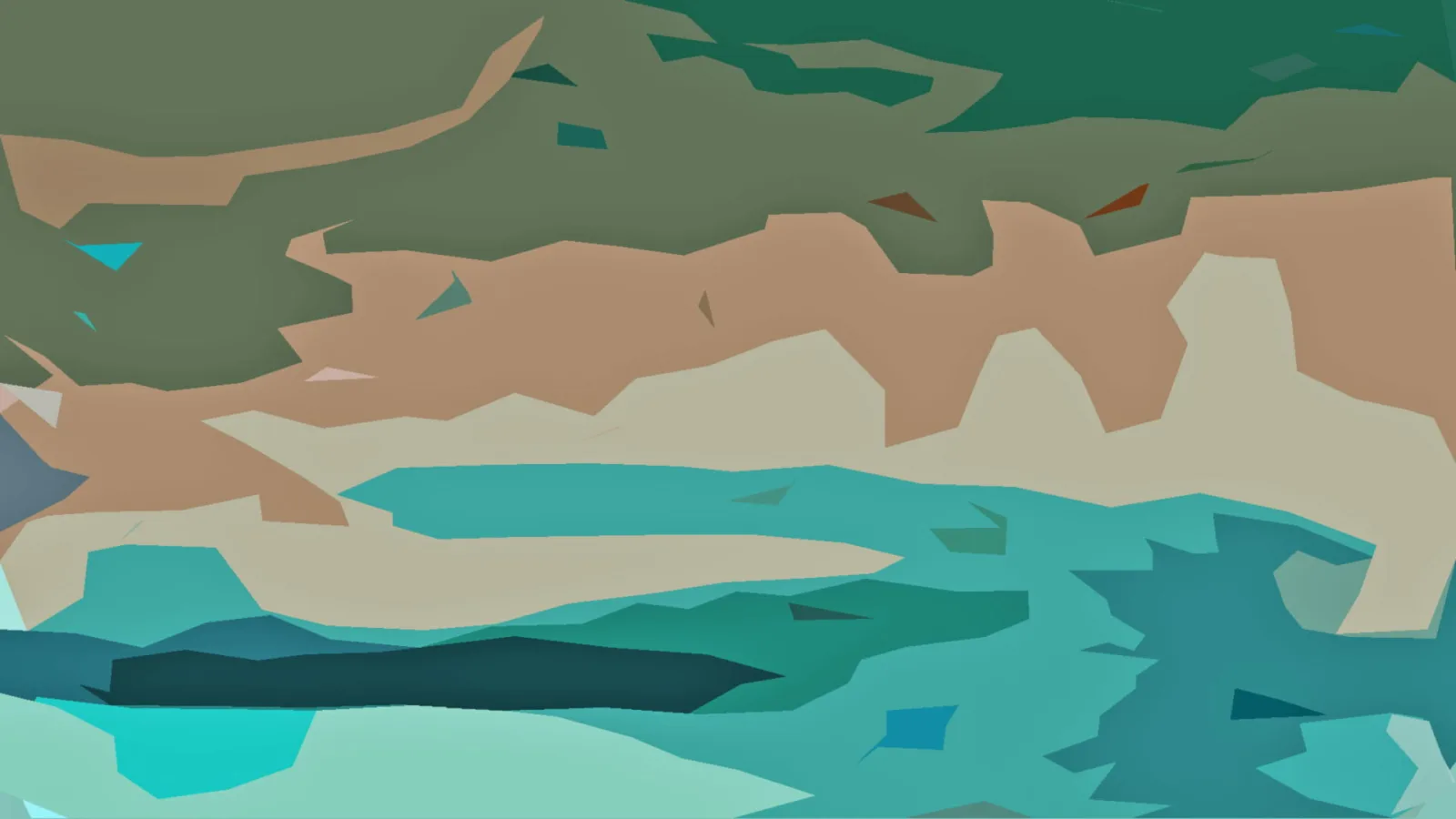 Abstrakte Komposition aus flächigen, kantigen Formen in Olivgrün, Sandbeige, Türkis und Dunkelgrün, die an eine Landschaft mit Küste und Wasser erinnert.