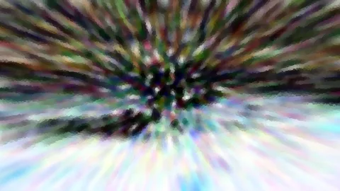 Abstraktes Bild mit bunten, unscharfen Streifen, die von einem dunklen Zentrum in der Bildmitte nach außen strahlen. Unten dominieren helle weiße und türkise Töne.