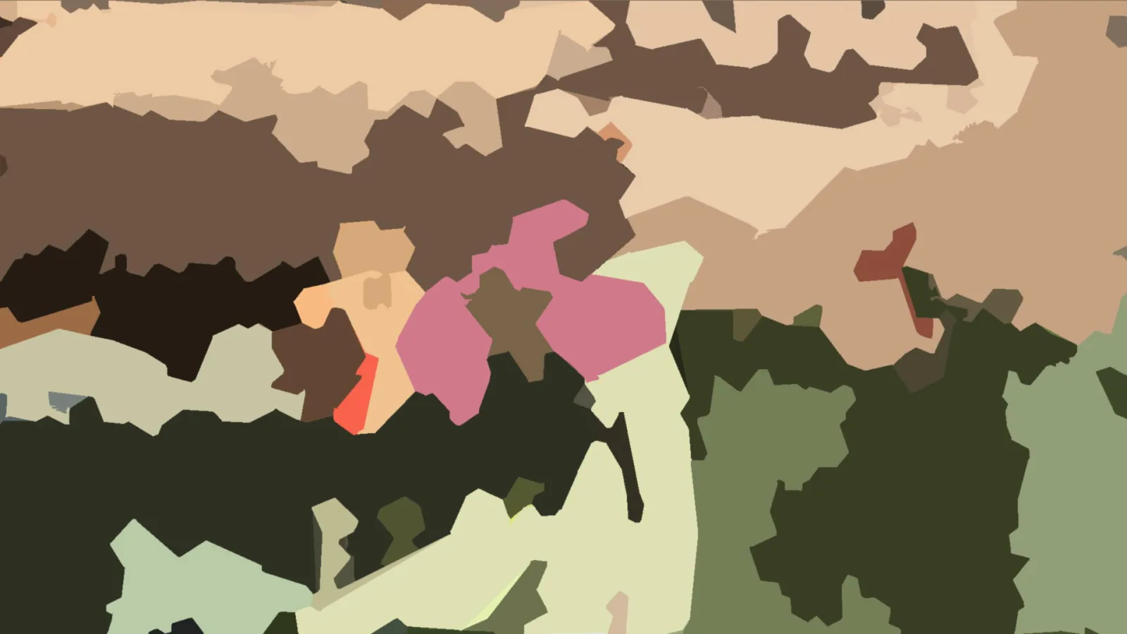 Abstraktes Muster aus unregelmäßigen, flachen Farbflächen in Braun, Beige, Dunkelgrün, Hellgrün und Rosa.