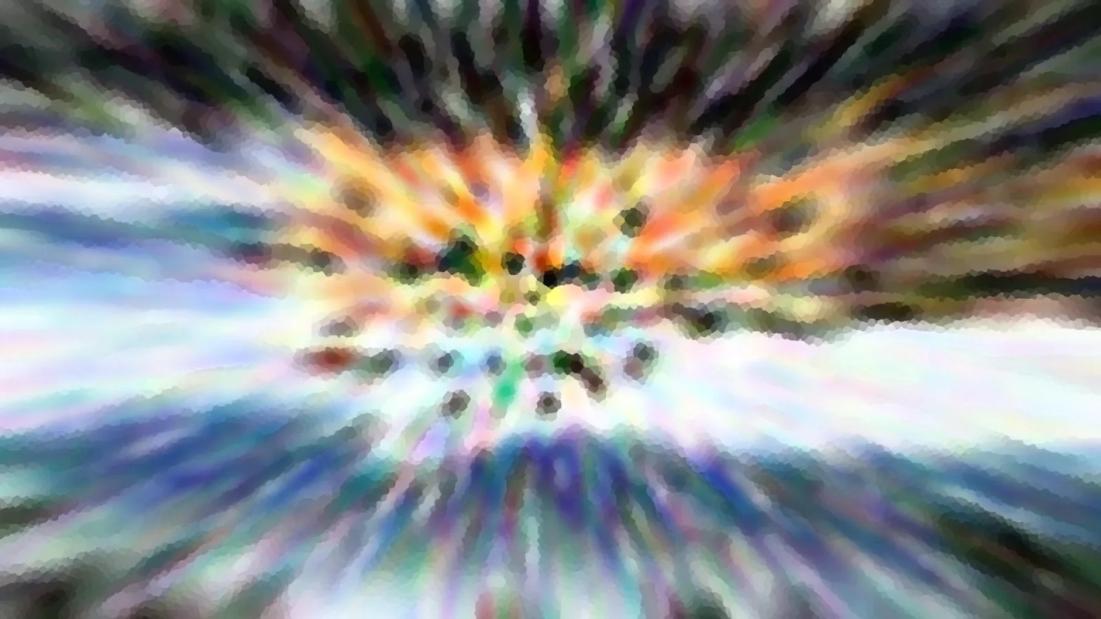 Abstraktes Bild mit einem hellen Zentrum, von dem aus orangefarbene, gelbe, blaue und grüne Streifen radial nach außen laufen, grob gepixelt und unscharf.