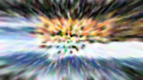 Abstraktes Bild mit einem hellen Zentrum, von dem aus orangefarbene, gelbe, blaue und grüne Streifen radial nach außen laufen, grob gepixelt und unscharf.
