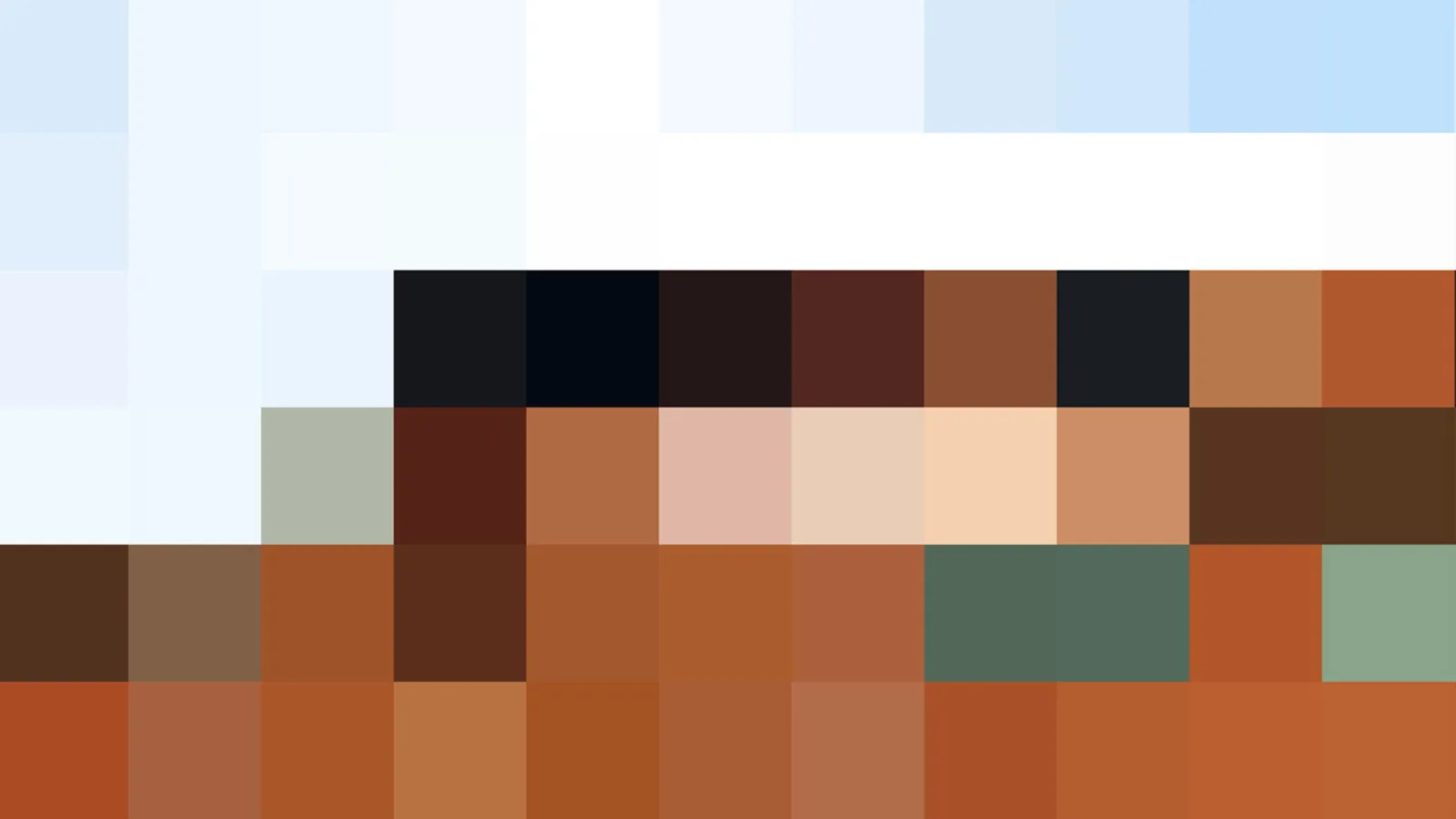 Pixelmosaik aus Quadraten in Hellblau, Weiß, Braun, Orange und Grün, oben hell, unten warm getönt.