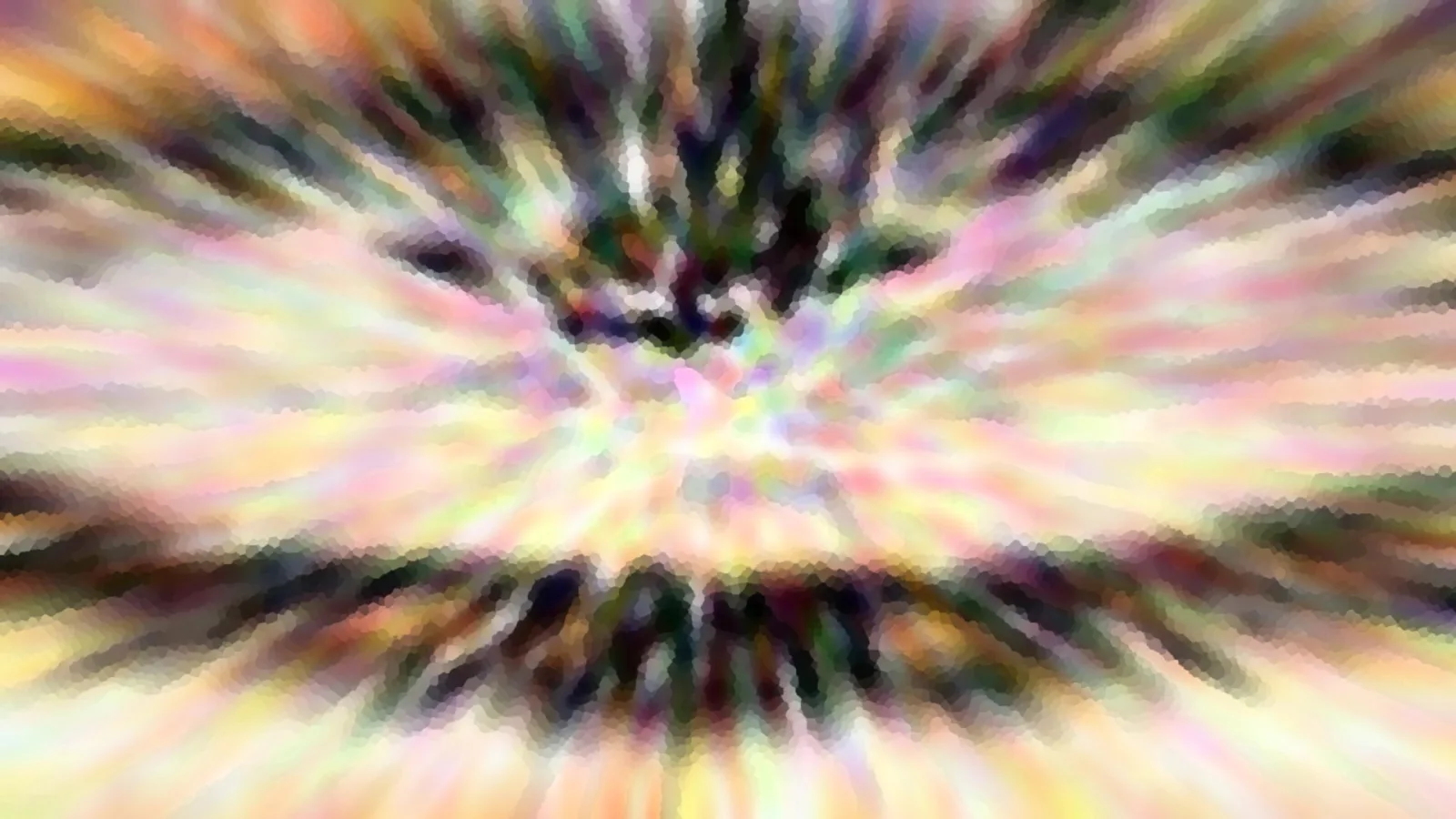 Abstrakte radiale Verwischung in Pastellfarben, dunkle Streifen im oberen und unteren Bereich, pixelig aufgelöst.