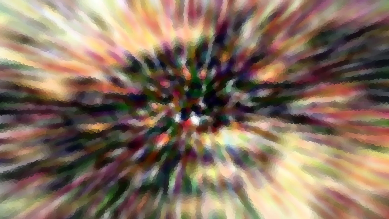 Abstraktes Bild mit radialem Bewegungsunschärfe-Effekt: bunte Streifen in Grün, Rosa, Gelb und Schwarz laufen von den Rändern auf einen hellen Mittelpunkt zu.