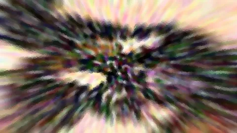 Abstraktes Bild mit radial nach außen gezogenen Farbschlieren in Rosa, Gelb und Grün um ein dunkles, pixeliges Zentrum