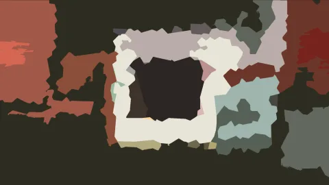 Abstrakte Komposition aus unregelmäßigen Farbflächen in Terrakotta, Salbeigrün und Grau, die eine fast schwarze Mitte mit cremefarbenem Rahmen umschließen.