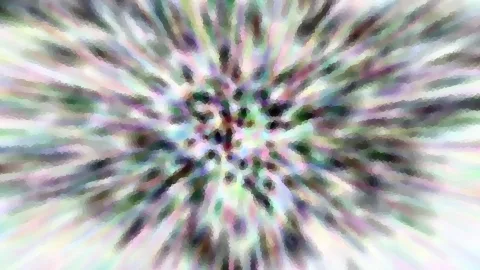 Abstrakte Komposition aus radial von einem Zentrum ausstrahlenden, pastellfarbenen Streifen in Grün, Lila und Weiß, durchsetzt von dunklen Punkten.