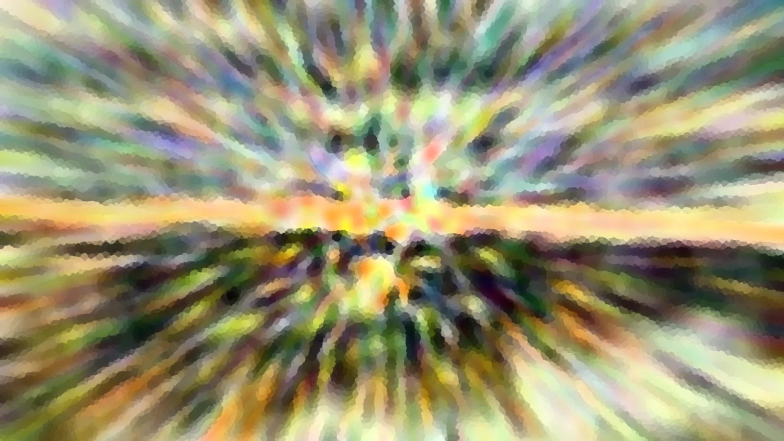 Abstrakte Komposition aus bunten, radial vom Zentrum ausstrahlenden Farbstreifen in Grün, Gelb, Violett und Orange, darunter ein heller Horizontstreifen.
