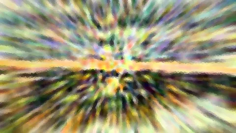 Abstrakte Komposition aus bunten, radial vom Zentrum ausstrahlenden Farbstreifen in Grün, Gelb, Violett und Orange, darunter ein heller Horizontstreifen.
