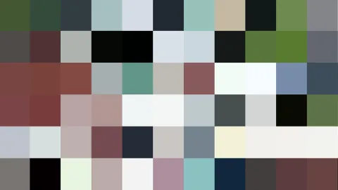 Raster aus rund sechzig flächigen Farbblöcken in Grün, Grau, Rot, Rosa, Blau und Weiß, teils fast schwarz oder fast weiß.