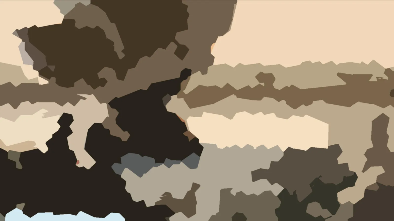 Abstraktes Bild aus unregelmäßigen, flächigen Formen in Braun-, Beige- und Schwarztönen, am unteren Rand ein helles Hellblau.