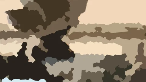 Abstraktes Bild aus unregelmäßigen, flächigen Formen in Braun-, Beige- und Schwarztönen, am unteren Rand ein helles Hellblau.