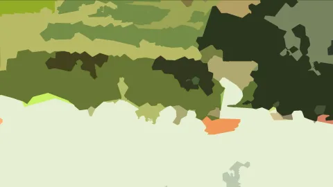 Abstraktes Bild aus unregelmäßigen grünen und olivfarbenen Flächen, unten eine helle, fast weiße Fläche mit einzelnen orangefarbenen Akzenten.