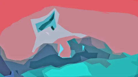 Abstrakte Low-Poly-Komposition mit einer rosa-roten Fläche oben, einer hellgrauen, zackigen Form links oben und türkisfarbenen und blaugrauen Felsformen im unteren Bereich.